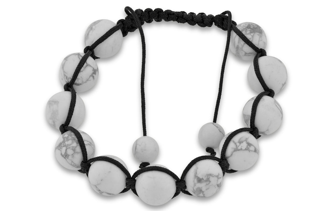 Black Thread White Streak Howlite Tibetan Shamballa Bead Bracelet 7-8 Inch Adjustable Perfect for Meditation