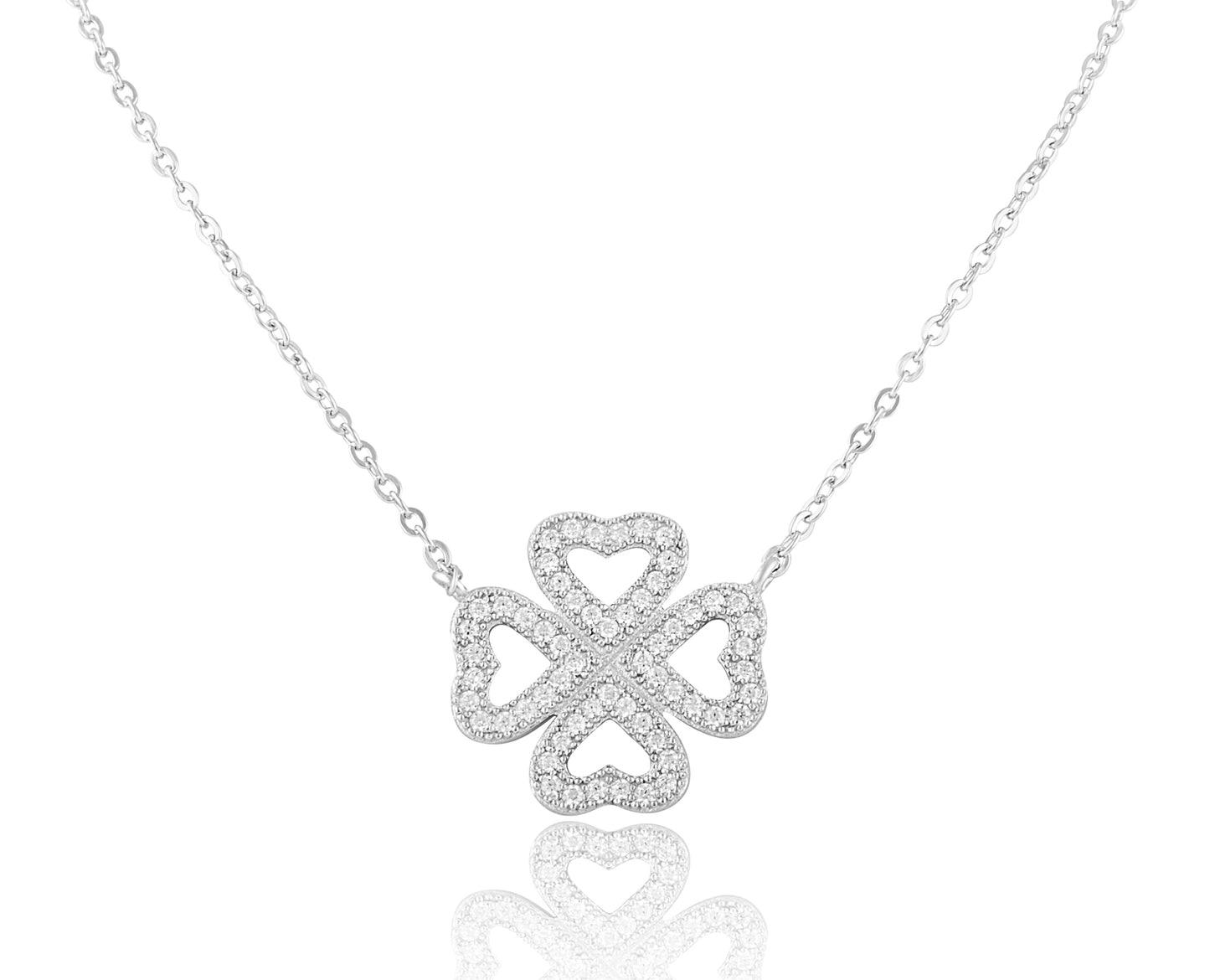 Sterling Silver Simulated Diamond Four Leaf Clover Necklace | SilverCloseOut