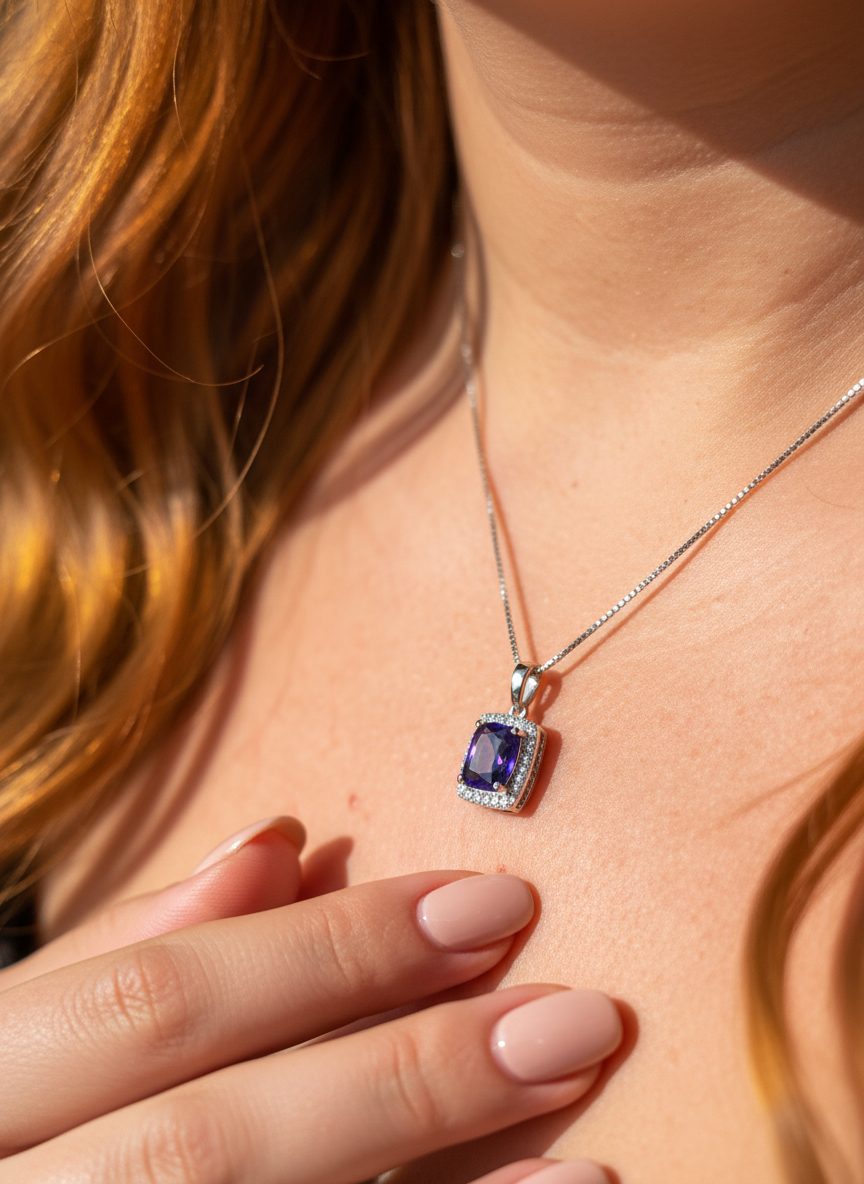 Sterling Silver Square Simulated Blue Sapphire Necklace, 18" | SilverCloseOut