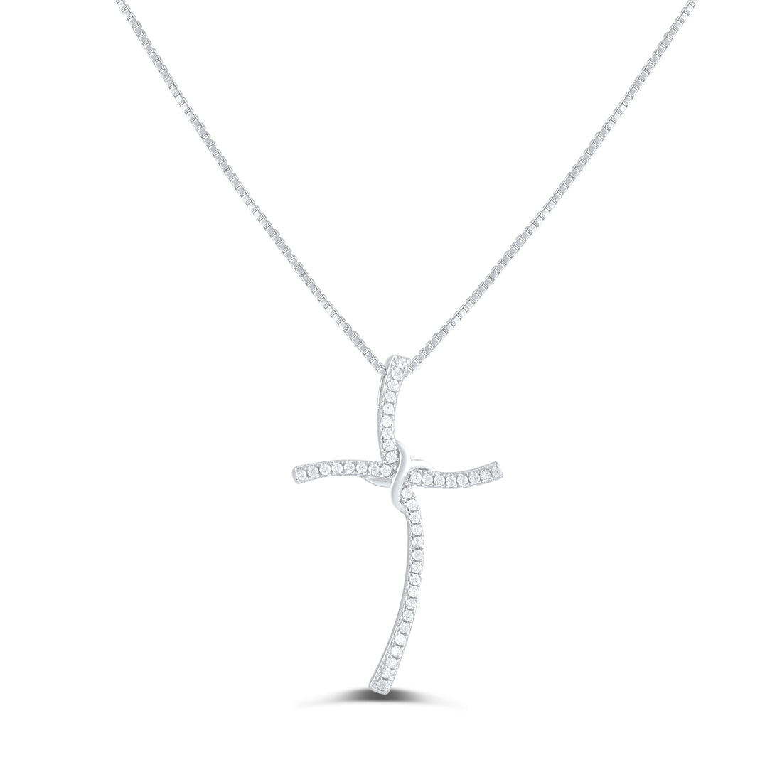 Sterling Silver CZ Thin Wavy Cross Necklace, 18" | SilverCloseOut