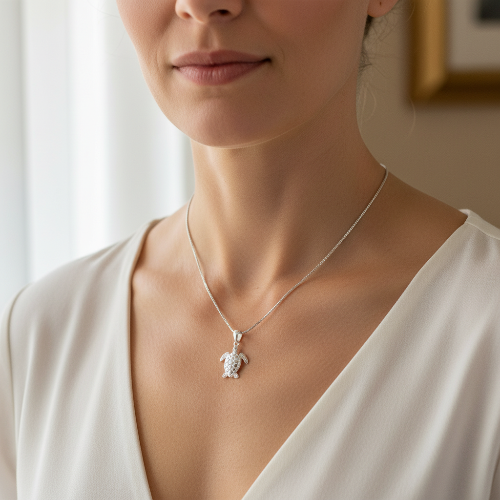 Sterling Silver Small Sea Turtle Necklace Silver Girls Sea Turtle Charm Necklace