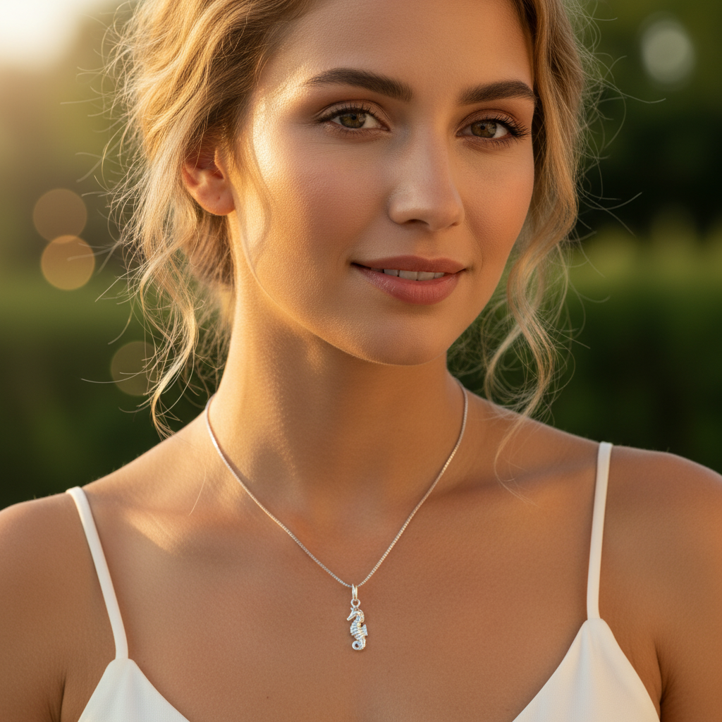Sterling Silver Women's Small Tropical SeaHorse Ocean Charm Necklace