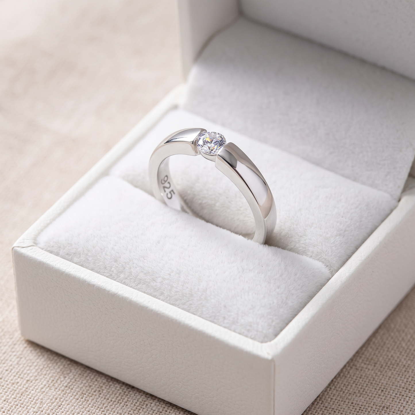 Sterling Silver Round Clear CZ Ring in a white gift box, round clear cz gift for her