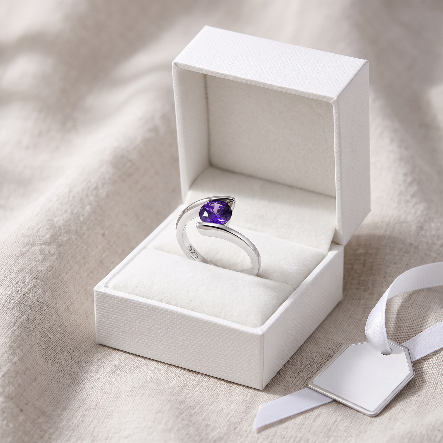 Sterling Silver Round Bezel Amethyst CZ Ring in a white gift box, round bezel amethyst cz gift for her