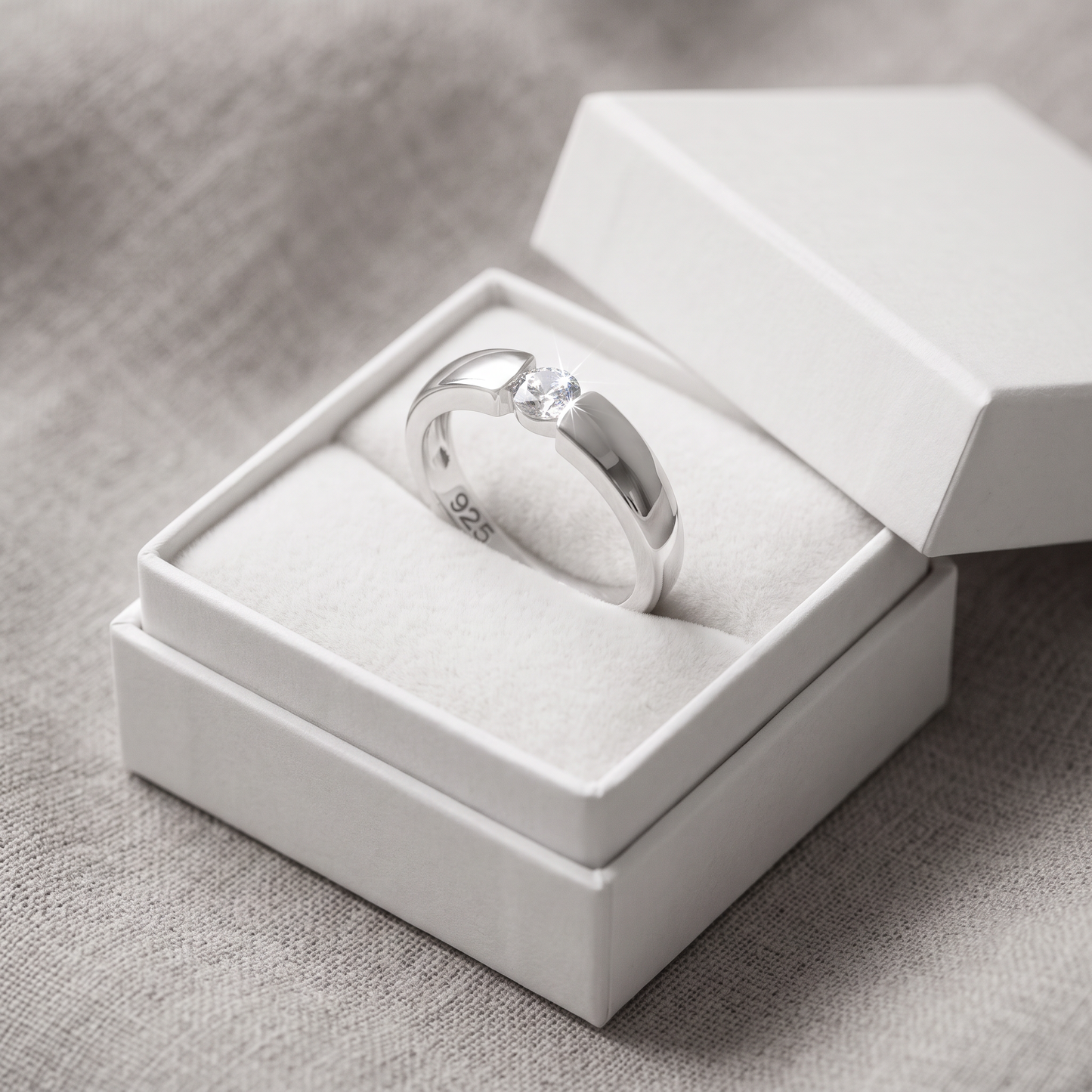 Sterling Silver Channel Bezel Clear CZ Ring in a white gift box, channel bezel clear cz gift for her