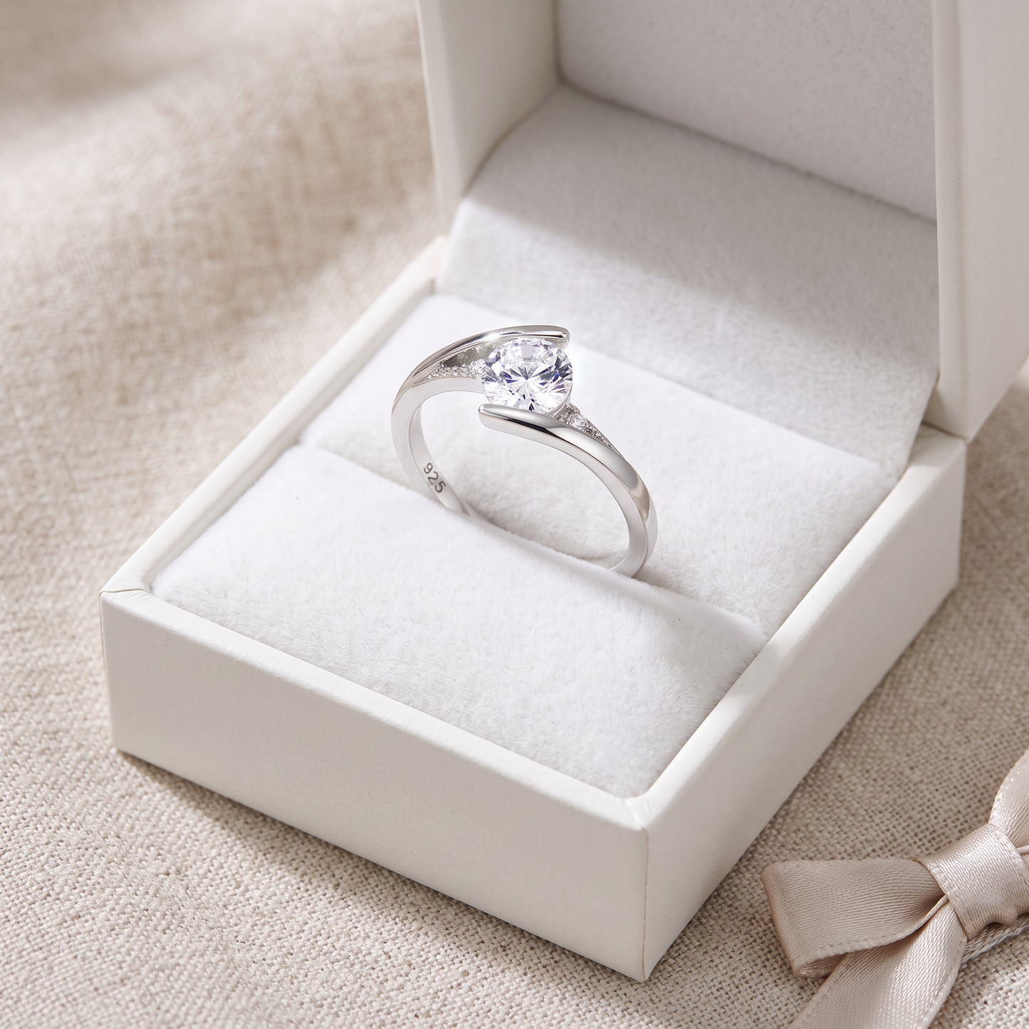 Sterling Silver Stuck In Between Clear CZ Ring in a white gift box, stuck in between clear cz gift for her