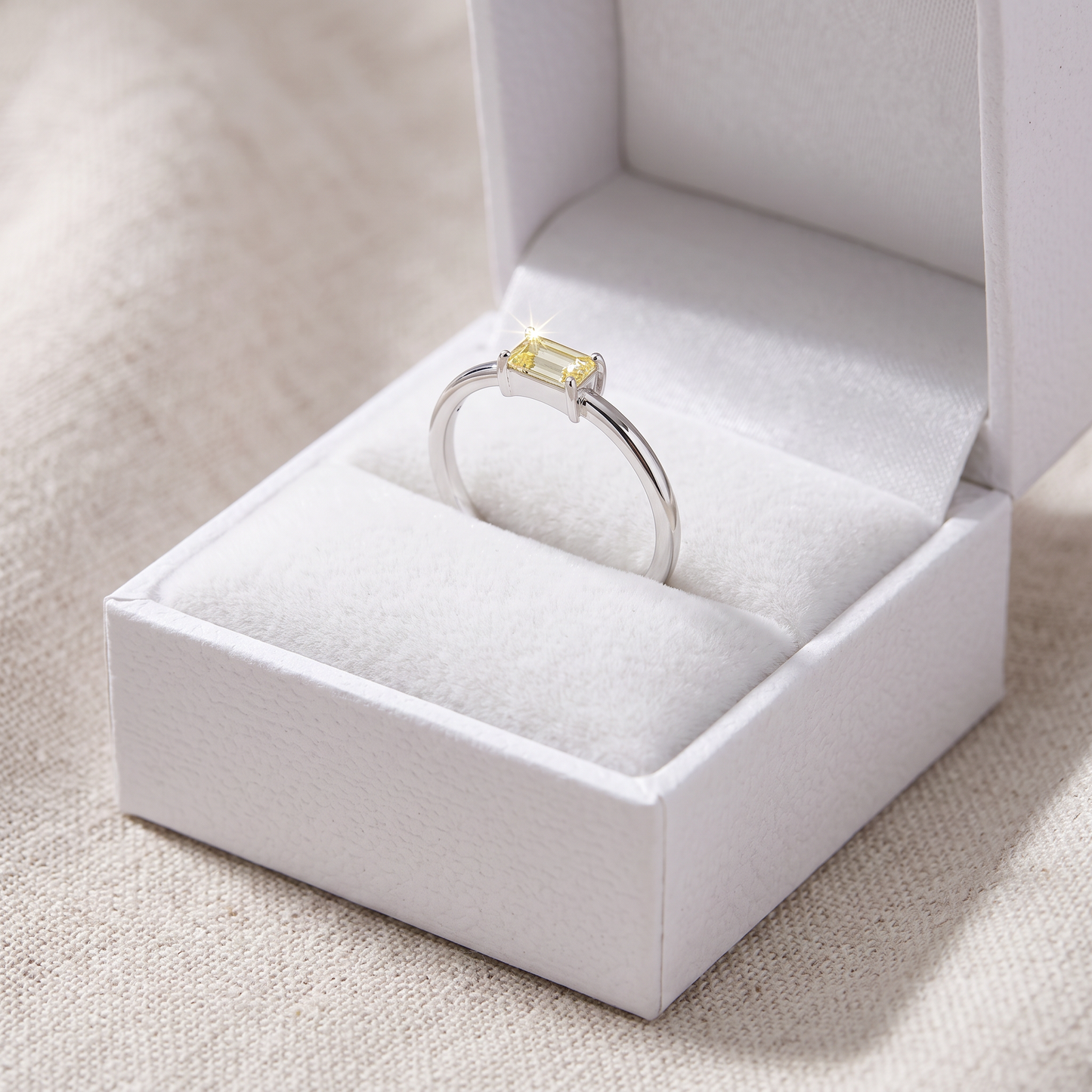 Sterling Silver Dainty Baguette Straight Yellow CZ Ring in a white gift box, dainty baguette straight yellow cz gift for her