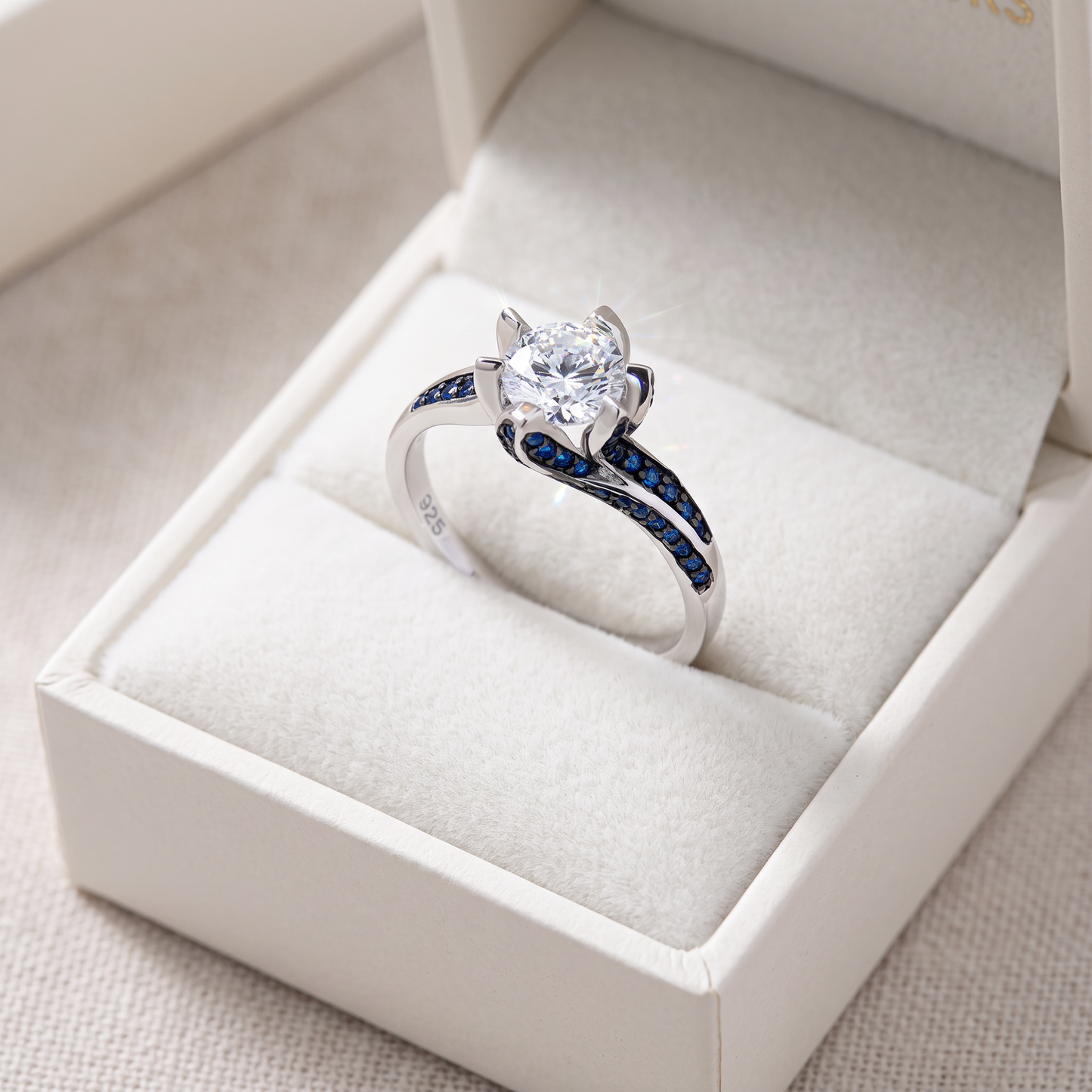 Sterling Silver Round Cut Clear & Blue Spinel CZ Ring in a white gift box, round cut clear & blue spinel cz gift for her