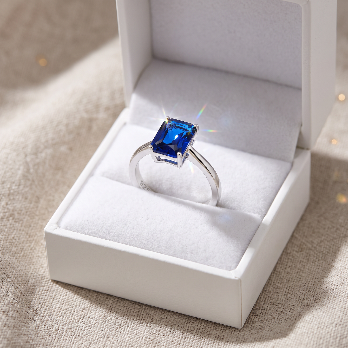 Sterling Silver Solitaire Emerald Cut Blue Spinel CZ Ring in a white gift box, solitaire emerald cut blue spinel cz gift for her