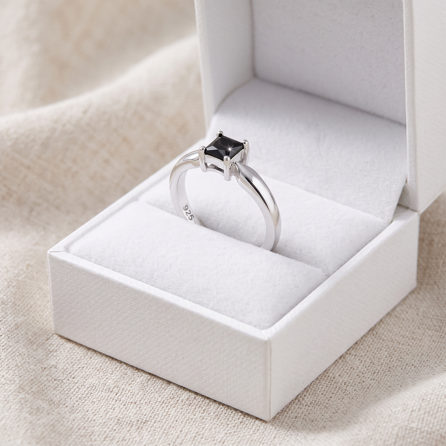 Sterling Silver Square Black CZ Ring in a white gift box, square black cz gift for her
