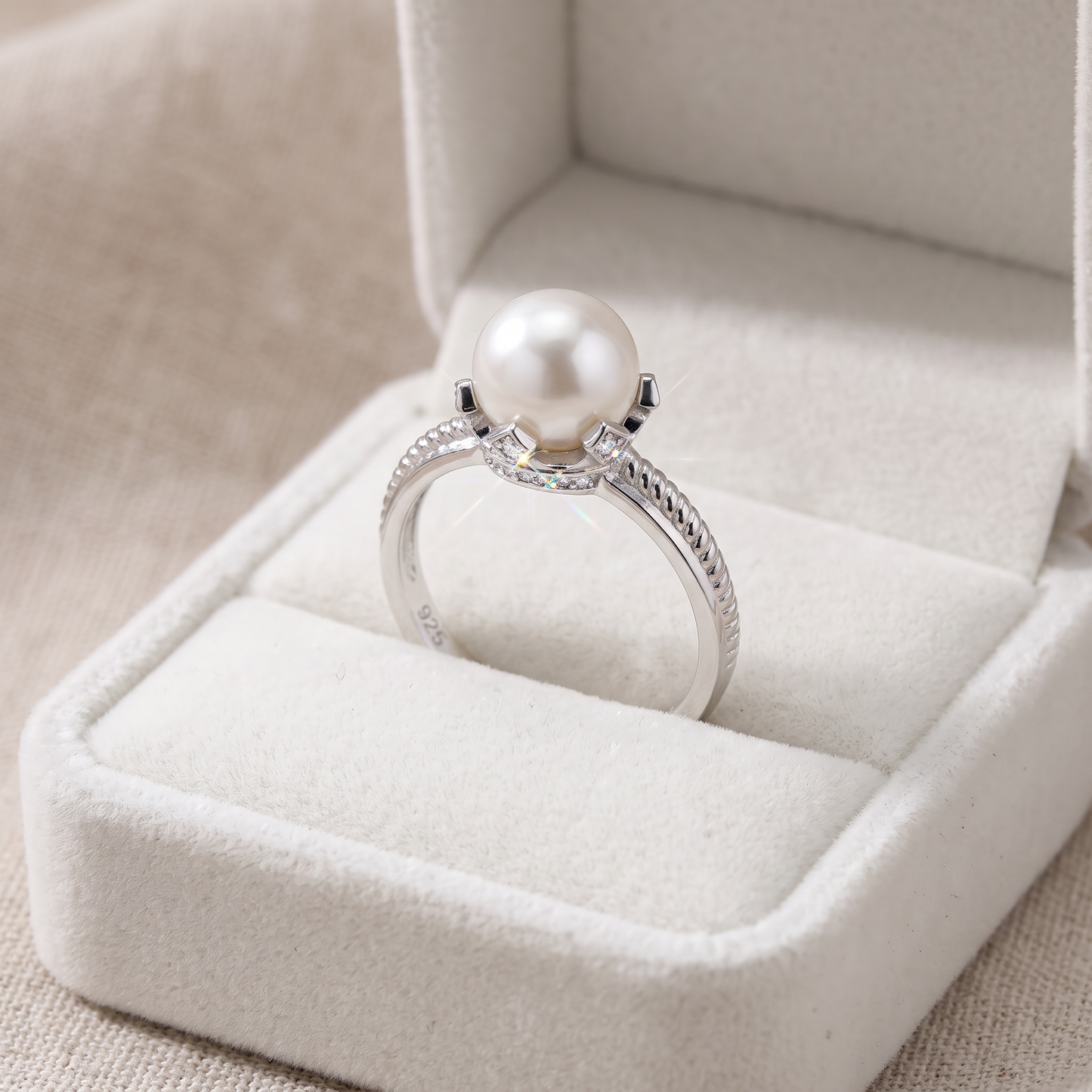 Sterling Silver King Crown Synthetic Pearl CZ Ring in a white gift box, king crown synthetic pearl cz gift for her