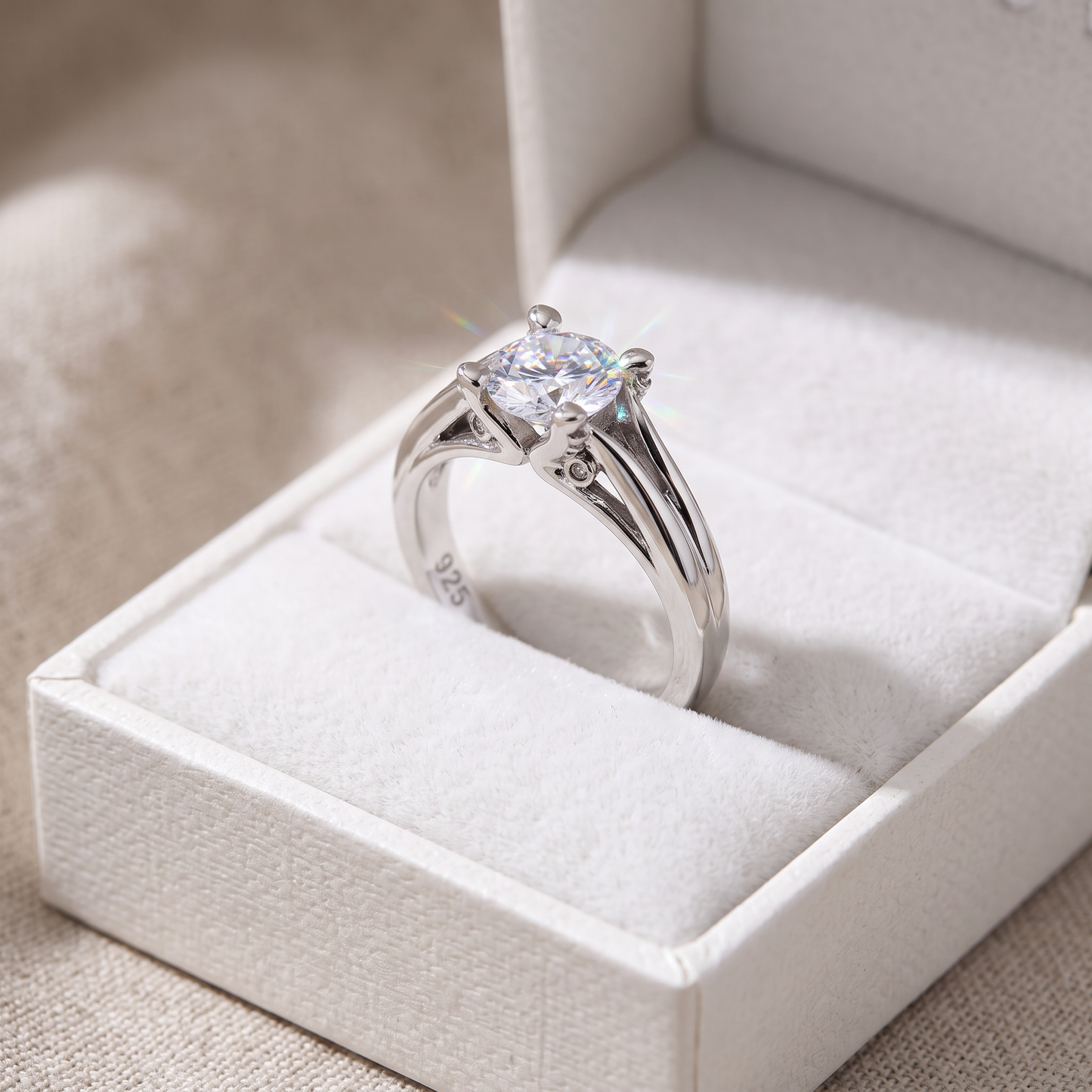 Sterling Silver Round Clear CZ Ring in a white gift box, round clear cz gift for her