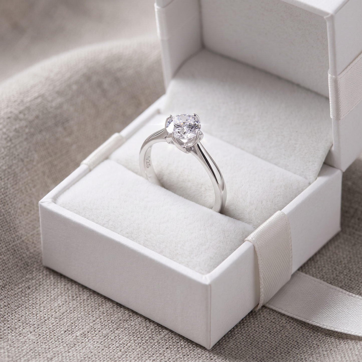 Sterling Silver 6.5mm Clear CZ Four Crossed Prong Setting Ring in a white gift box, 6.5mm clear cz four crossed prong setting gift for her