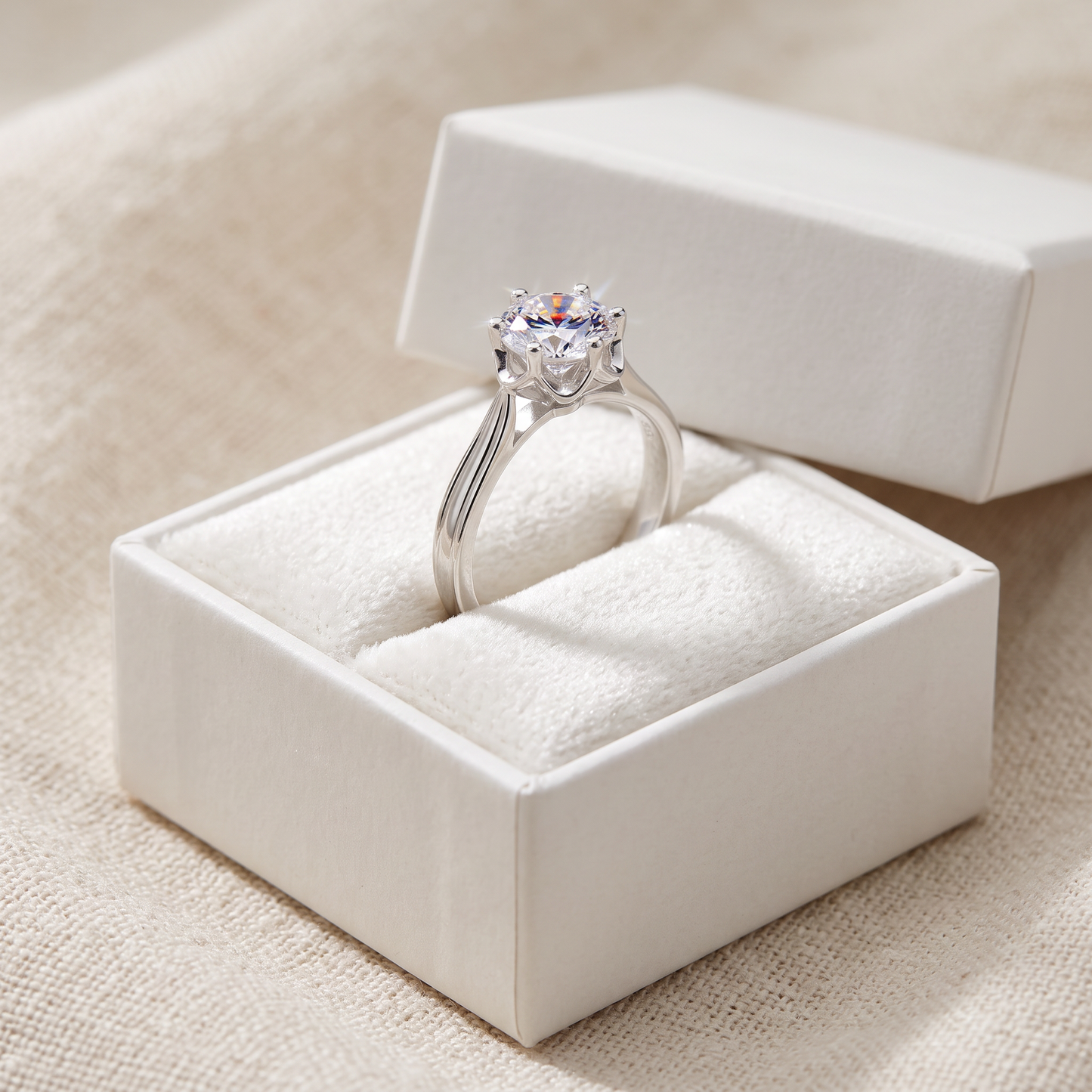 Sterling Silver 6.5mm Clear CZ Flower Setting Ring in a white gift box, 6.5mm clear cz flower setting gift for her