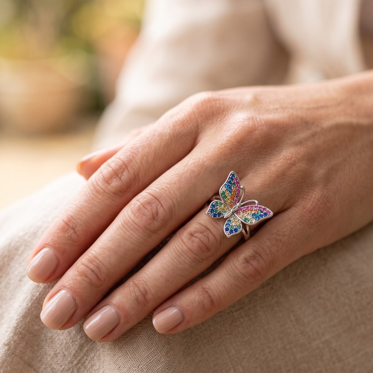 Sterling Silver Large Rainbow CZ Butterfly Ring for Women, Cubic Zirconia, Promise Ring Gift view 4