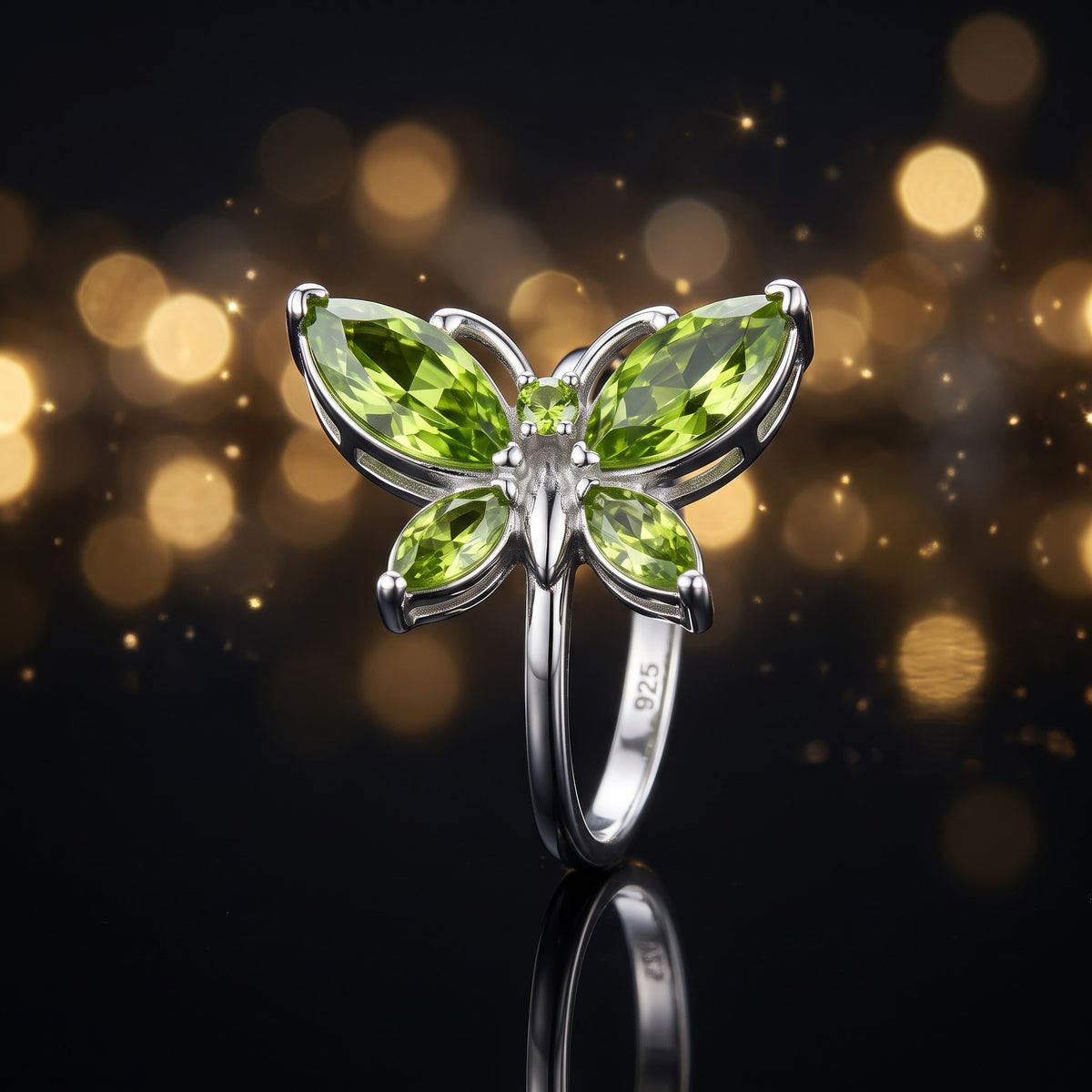 Sterling Silver Large Peridot CZ Butterfly Ring for Women, Cubic Zirconia, Promise Ring Gift view 3