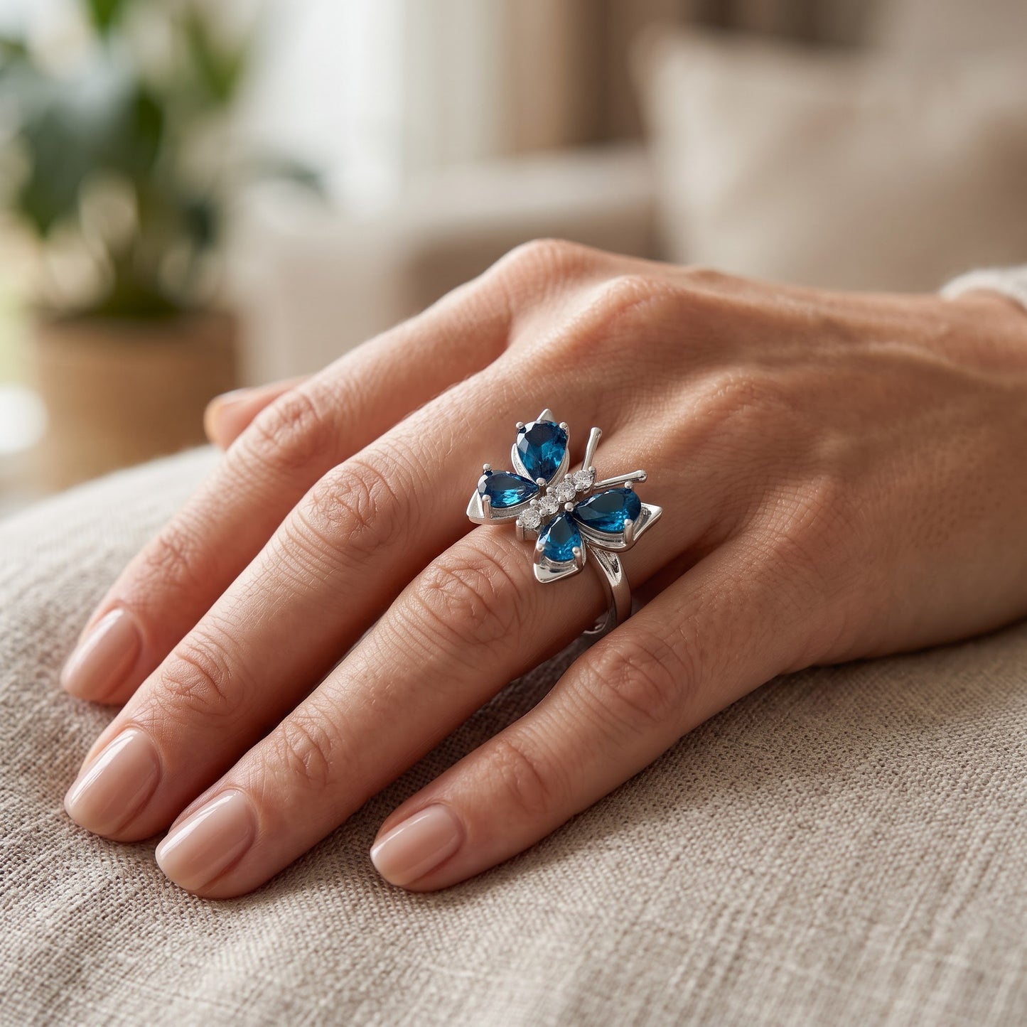 Sterling Silver Large Blue Topaz CZ Butterfly Ring for Women, Cubic Zirconia, Promise Ring Gift view 5