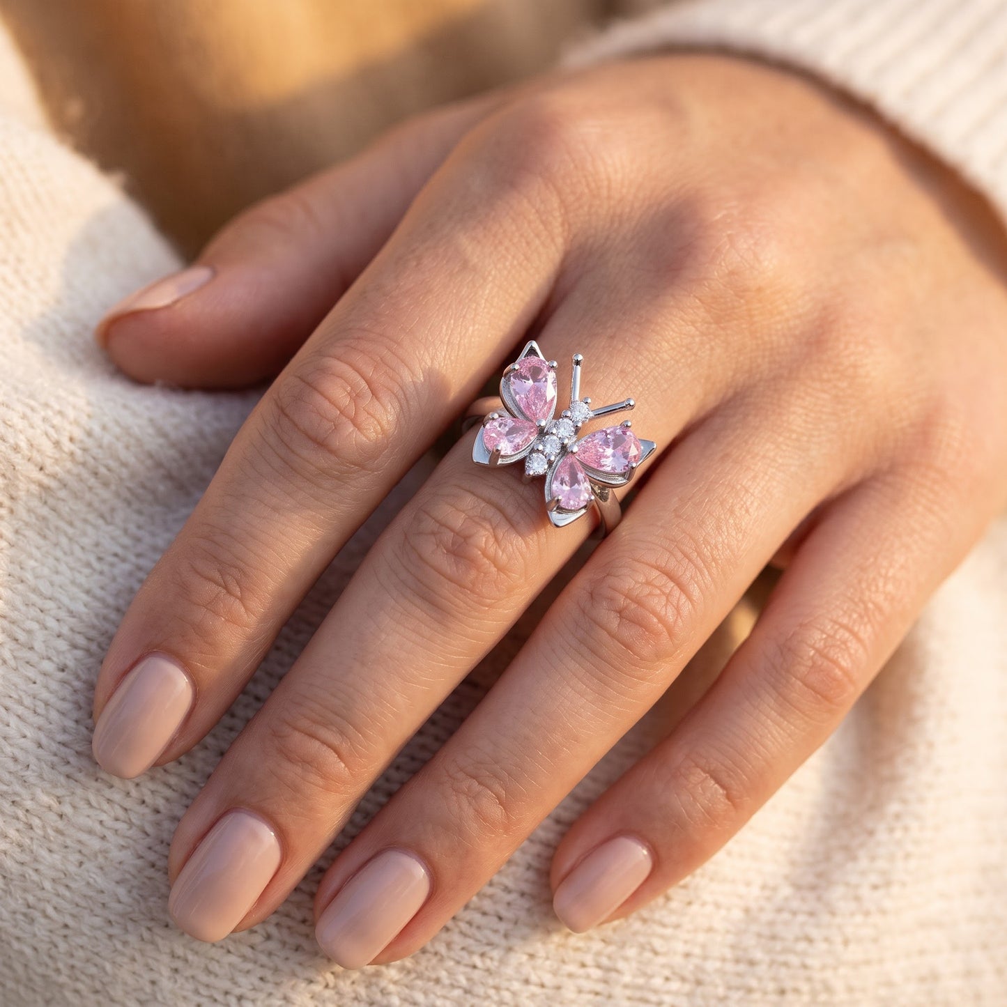 Sterling Silver Pink CZ Butterfly Ring for Women, Cubic Zirconia, Promise Ring Gift view 5