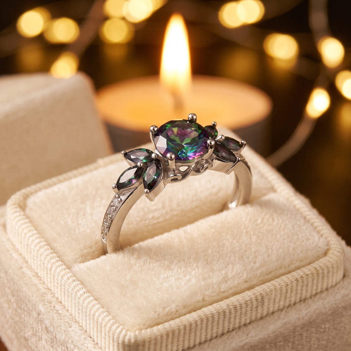 Sterling Silver Flower Leaves Rainbow CZ Ring for Women, Cubic Zirconia, Promise Ring Gift view 3