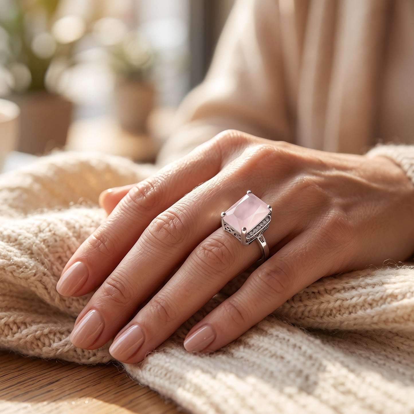 Sterling Silver Big Pink Glass Rectangle Ring for Women, Cubic Zirconia, Promise Ring Gift view 5