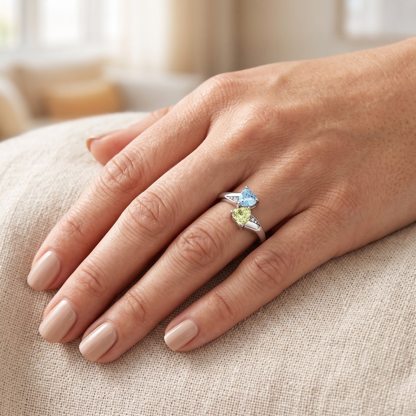 Sterling Silver Double Heart Apple Green & Aquamarine CZ Ring for Women, Heart Cubic Zirconia, Promise Ring Gift view 5