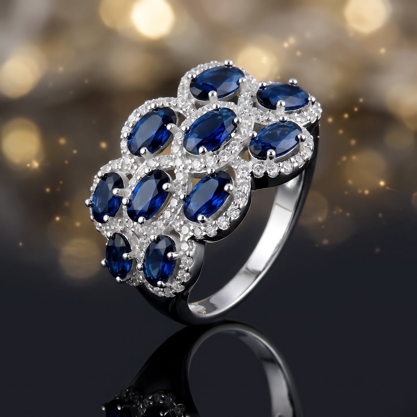 Sterling Silver Oval Blue Sapphire Halo CZ Cluster Ring for Women, Oval Cubic Zirconia, Promise Ring Gift view 4