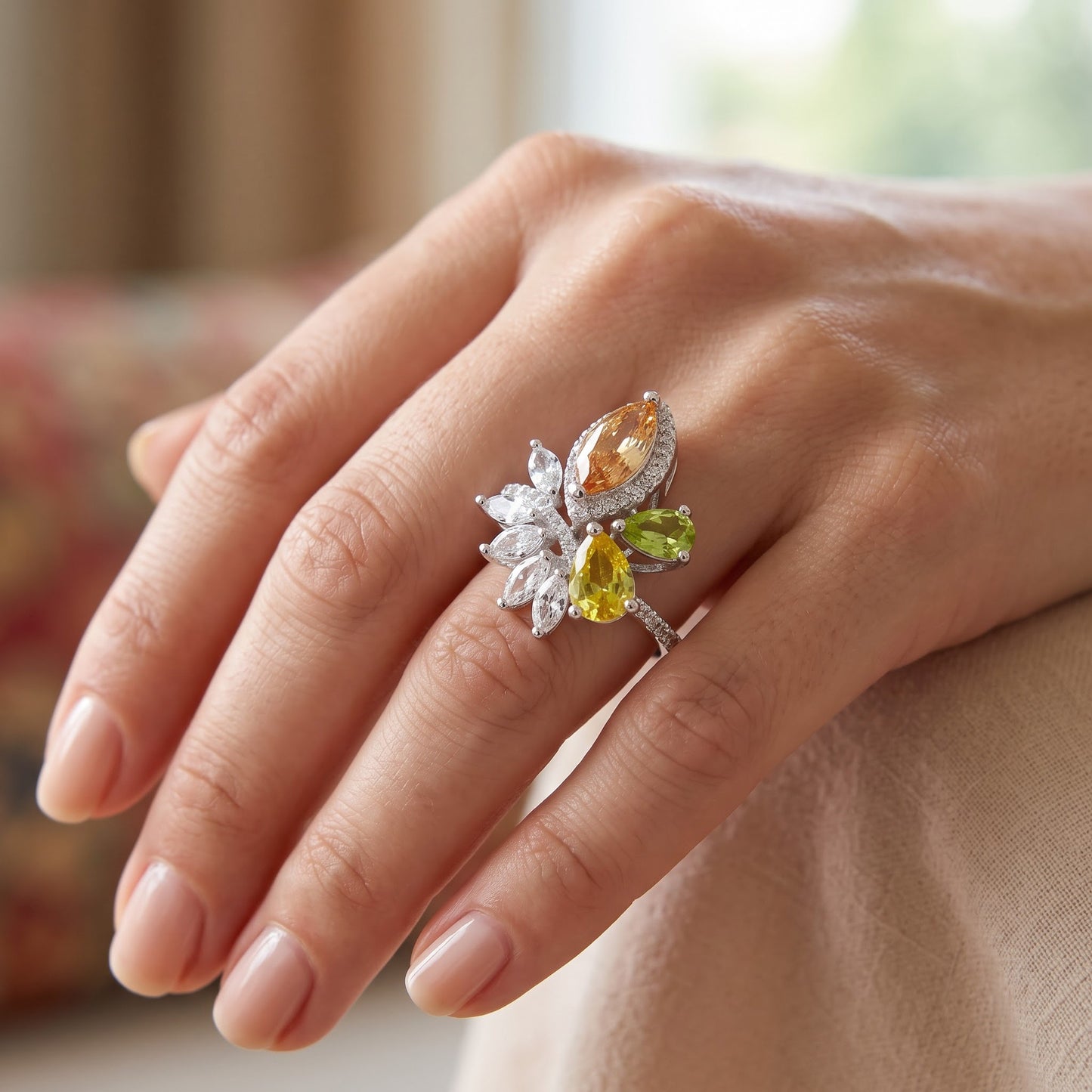 Sterling Silver Champagne Yellow & Apple Green CZ Ring for Women, Cubic Zirconia, Promise Ring Gift view 5