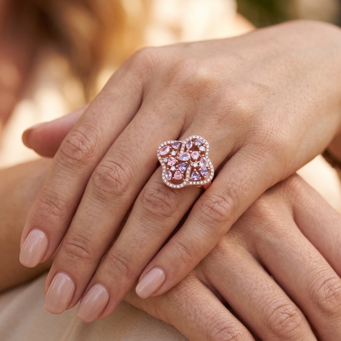 Sterling Silver Rose Gold Plated Pink & Lavender CZ Clover Cluster Ring for Women, Cubic Zirconia, Promise Ring Gift view 5