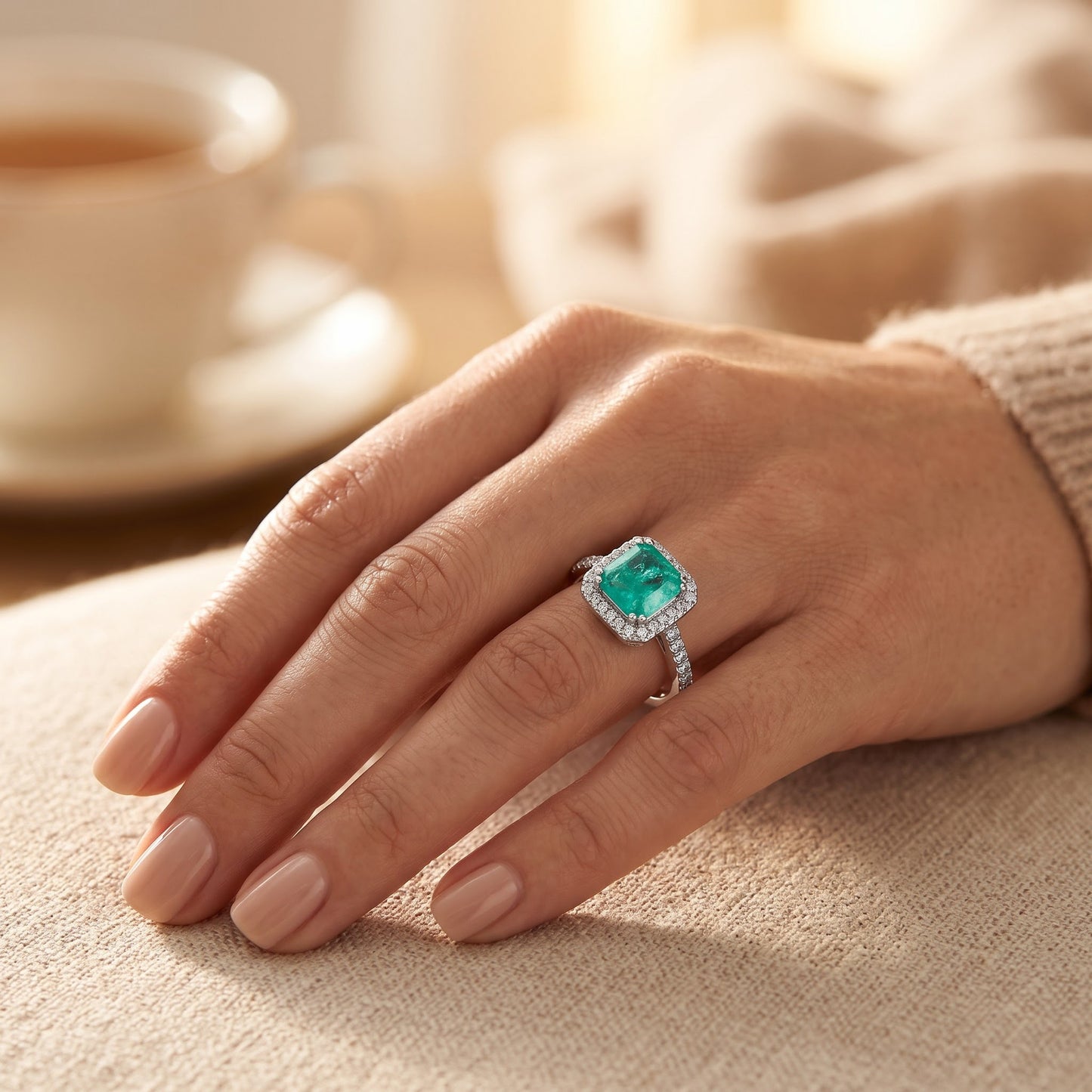 Sterling Silver Teal Square Cut Crackled CZ Halo Ring for Women, Square Cubic Zirconia, Promise Ring Gift view 5