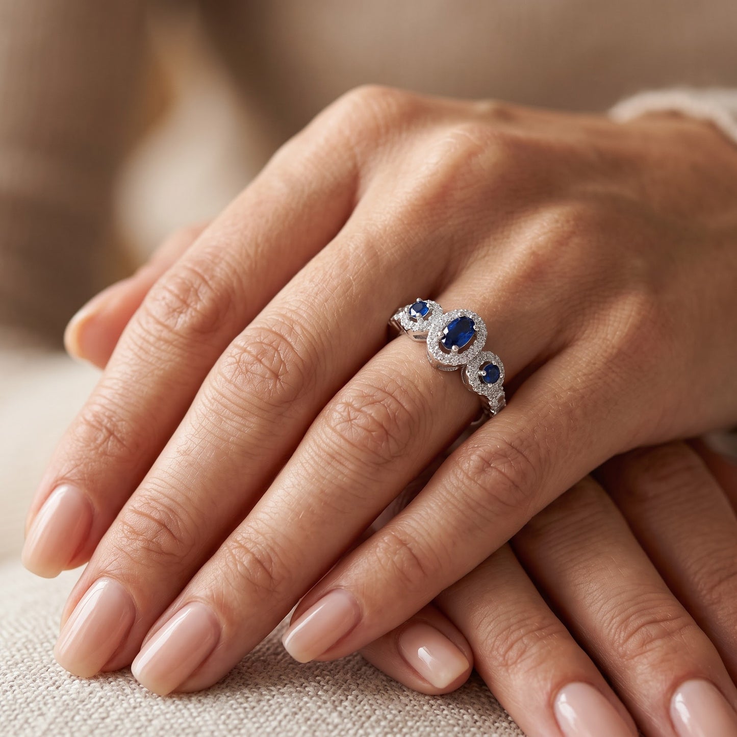 Sterling Silver Blue Sapphire Triple Halo CZ Ring for Women, Cubic Zirconia, Promise Ring Gift view 5