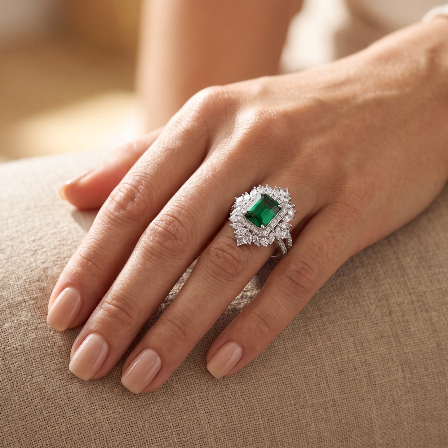 Sterling Silver Large Emerald Green Vintage Floral CZ Ring for Women, Emerald Cubic Zirconia, Promise Ring Gift view 5