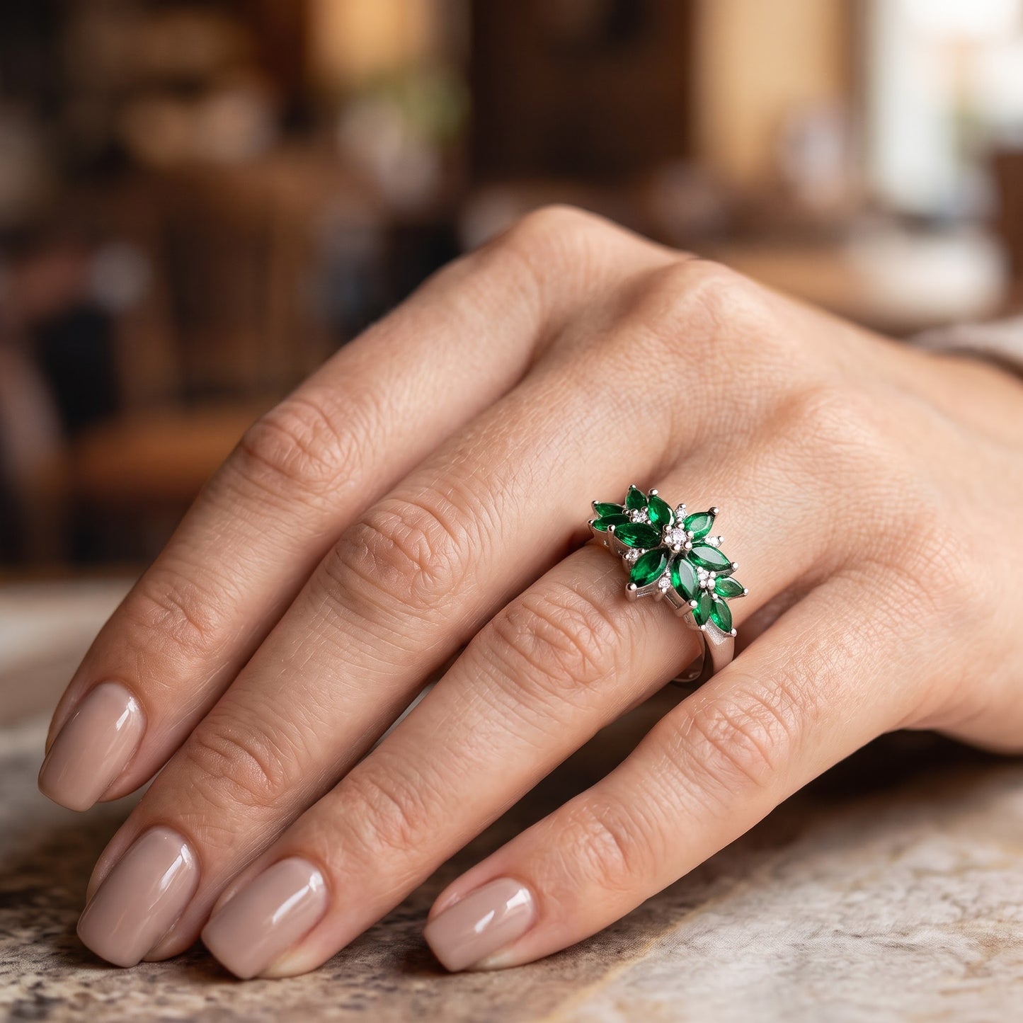 Sterling Silver Green Flower CZ Ring for Women, Cubic Zirconia, Promise Ring Gift view 5