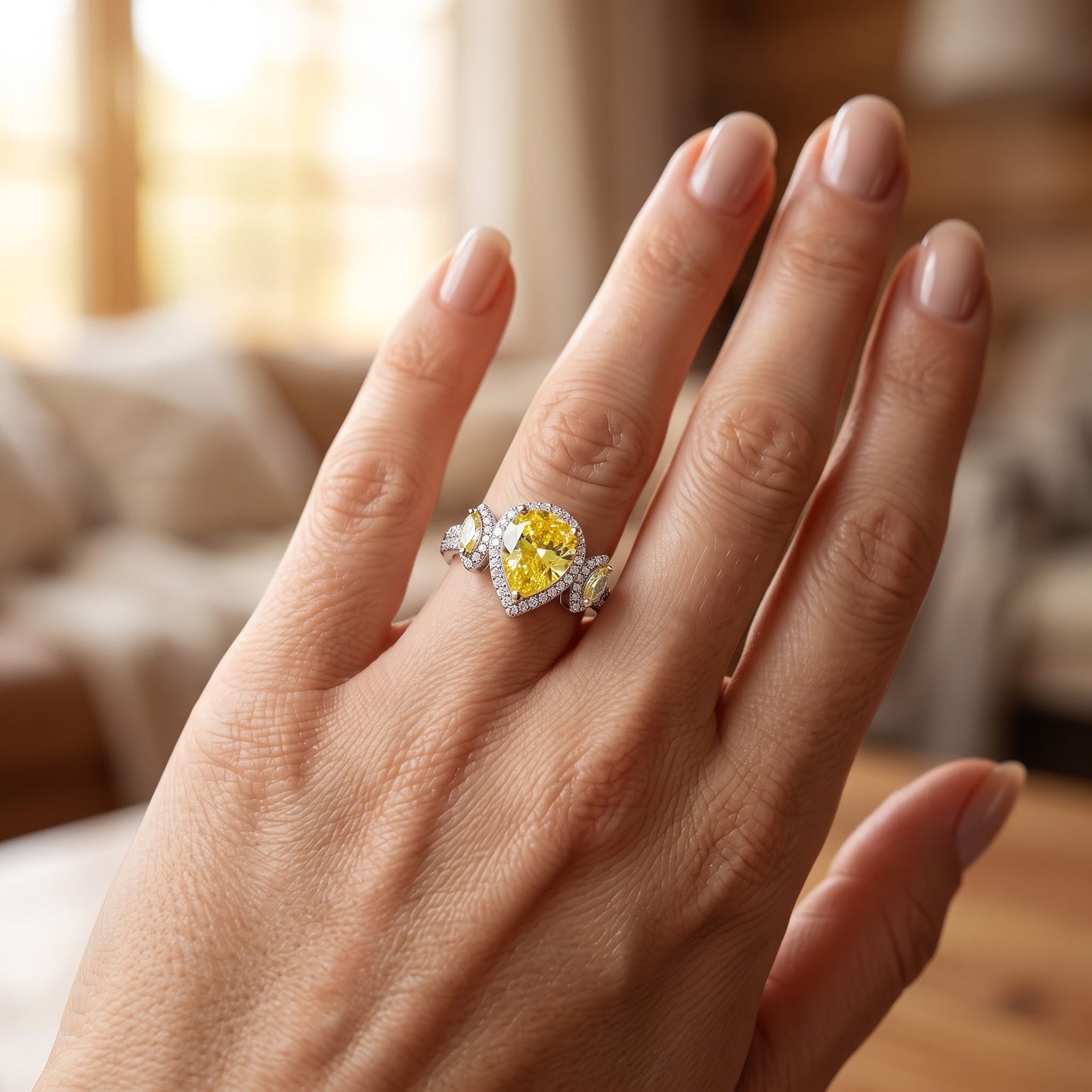 Sterling Silver Yellow Pear & Marquise Halo CZ Ring for Women, Pear Cubic Zirconia, Promise Ring Gift view 5