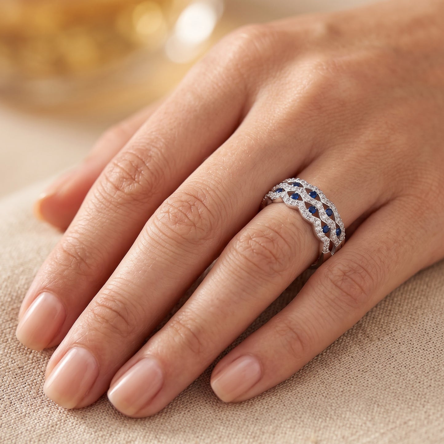 Sterling Silver Wavy Dotted Blue & Clear CZ Ring for Women, Cubic Zirconia, Promise Ring Gift view 5