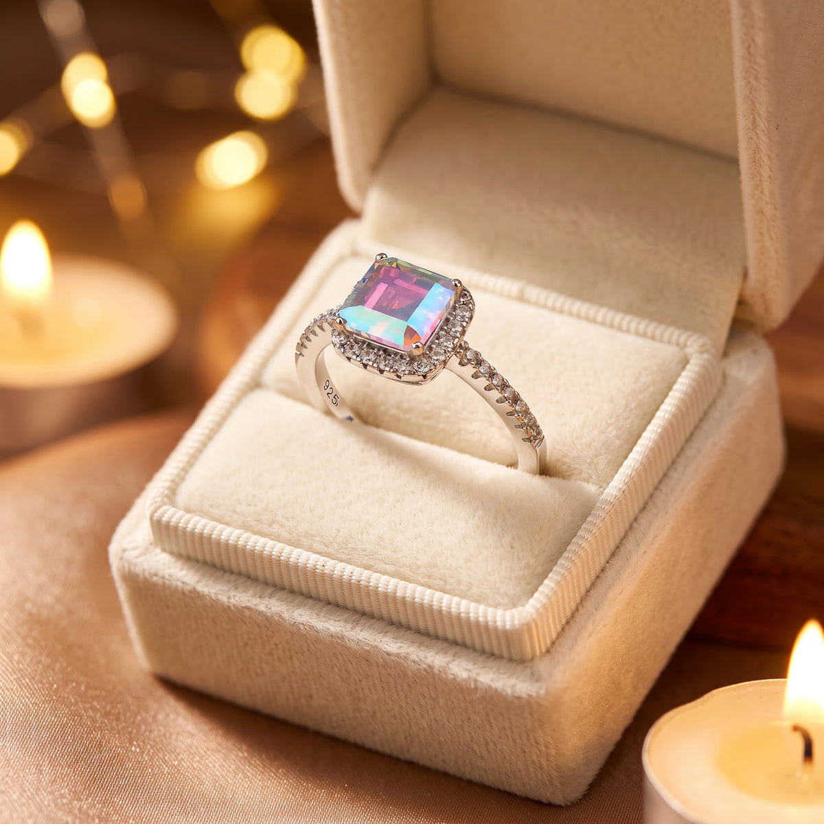 Sterling Silver Chic Square Halo Iridescent Rainbow CZ Ring for Women, Square Cubic Zirconia, Promise Ring Gift view 3
