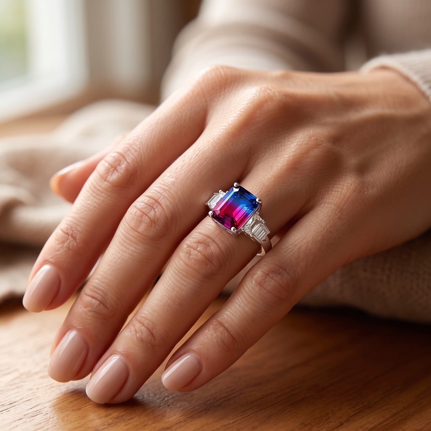 Sterling Silver Bicolor Blue Ruby Ombre CZ Ring for Women, Cubic Zirconia, Promise Ring Gift view 5