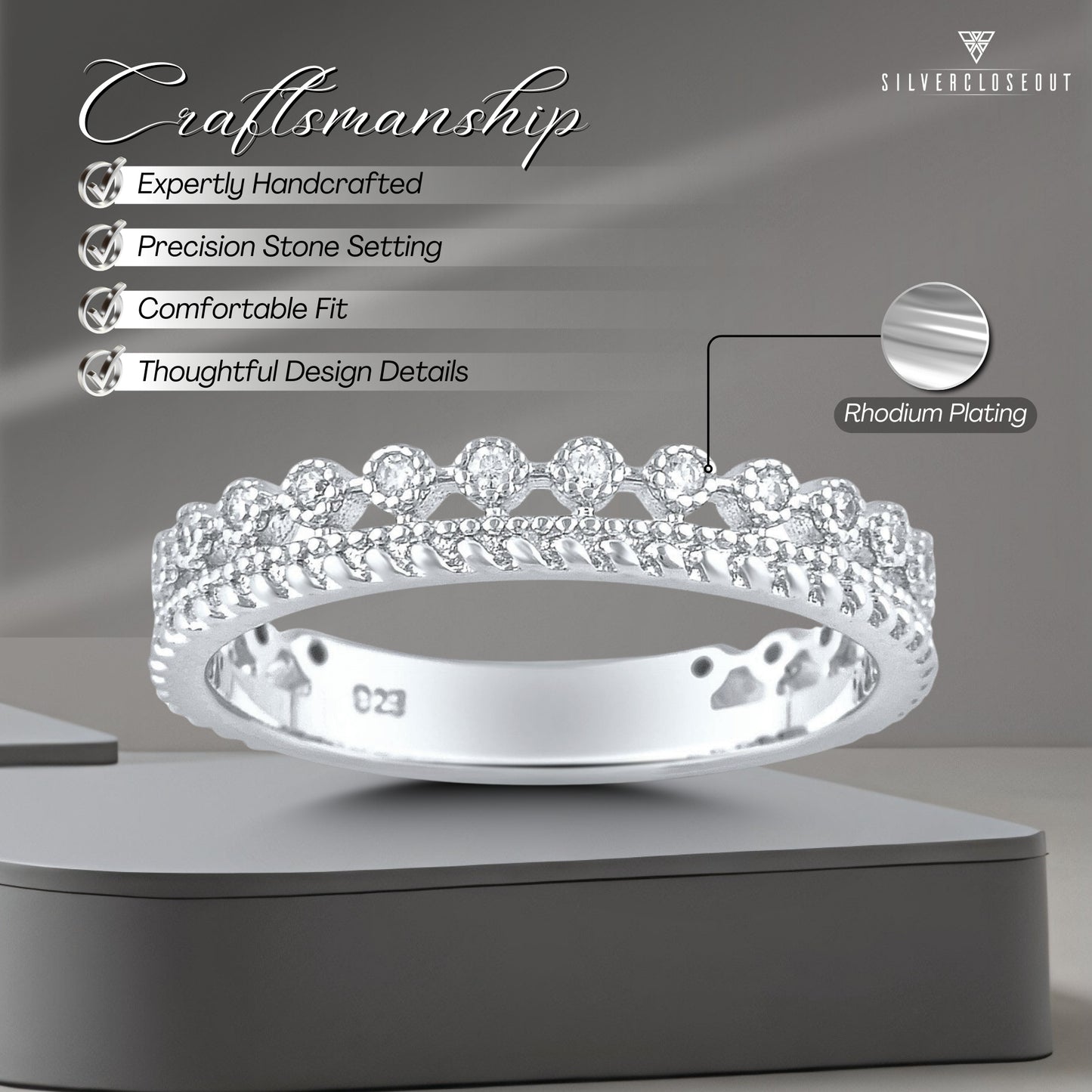 White Gold Over Sterling Silver Women's Thin Double Row Cz Eternity Band