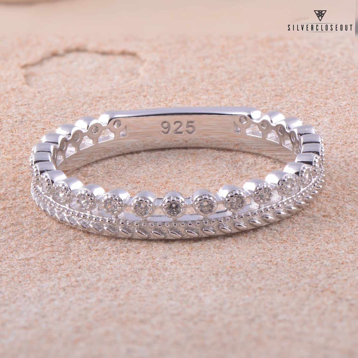 White Gold Over Sterling Silver Women's Thin Double Row Cz Eternity Band