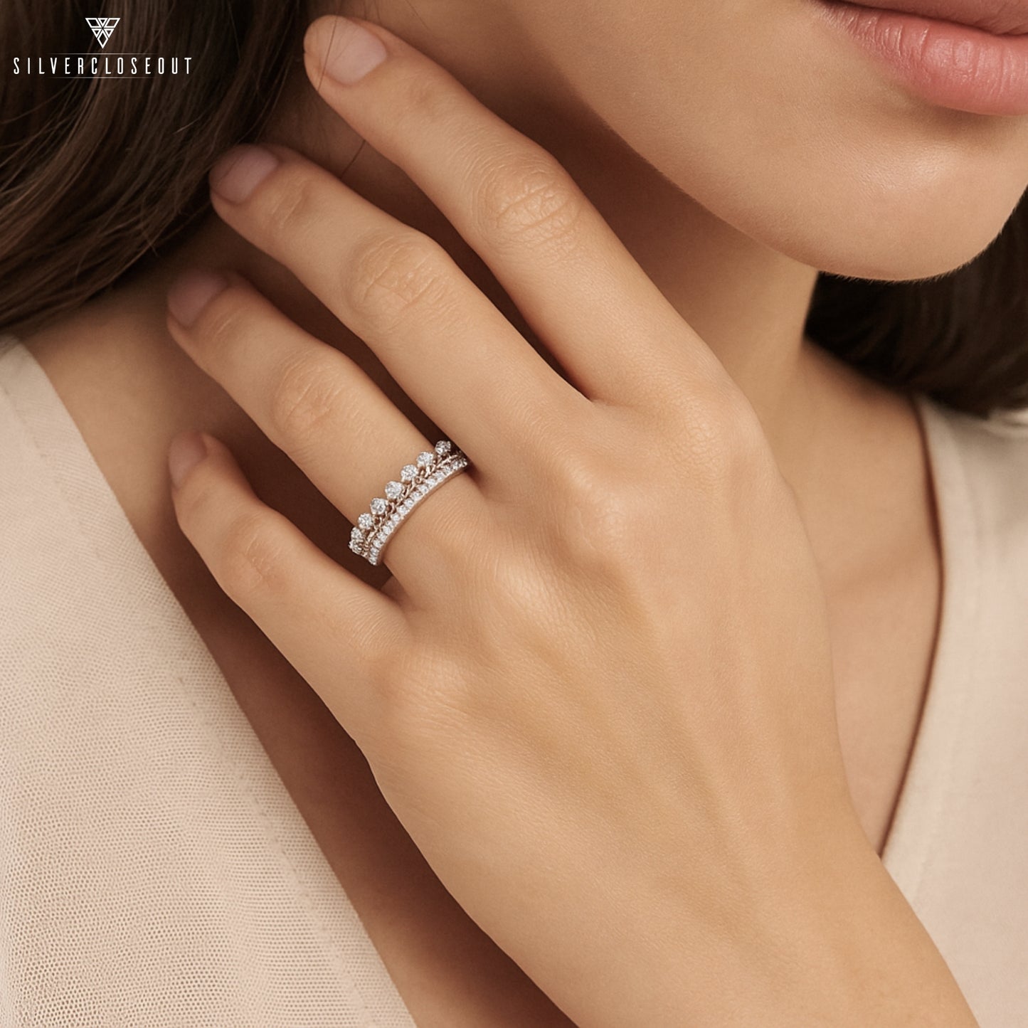 White Gold Over Sterling Silver Women's Thin Double Row Cz Eternity Band