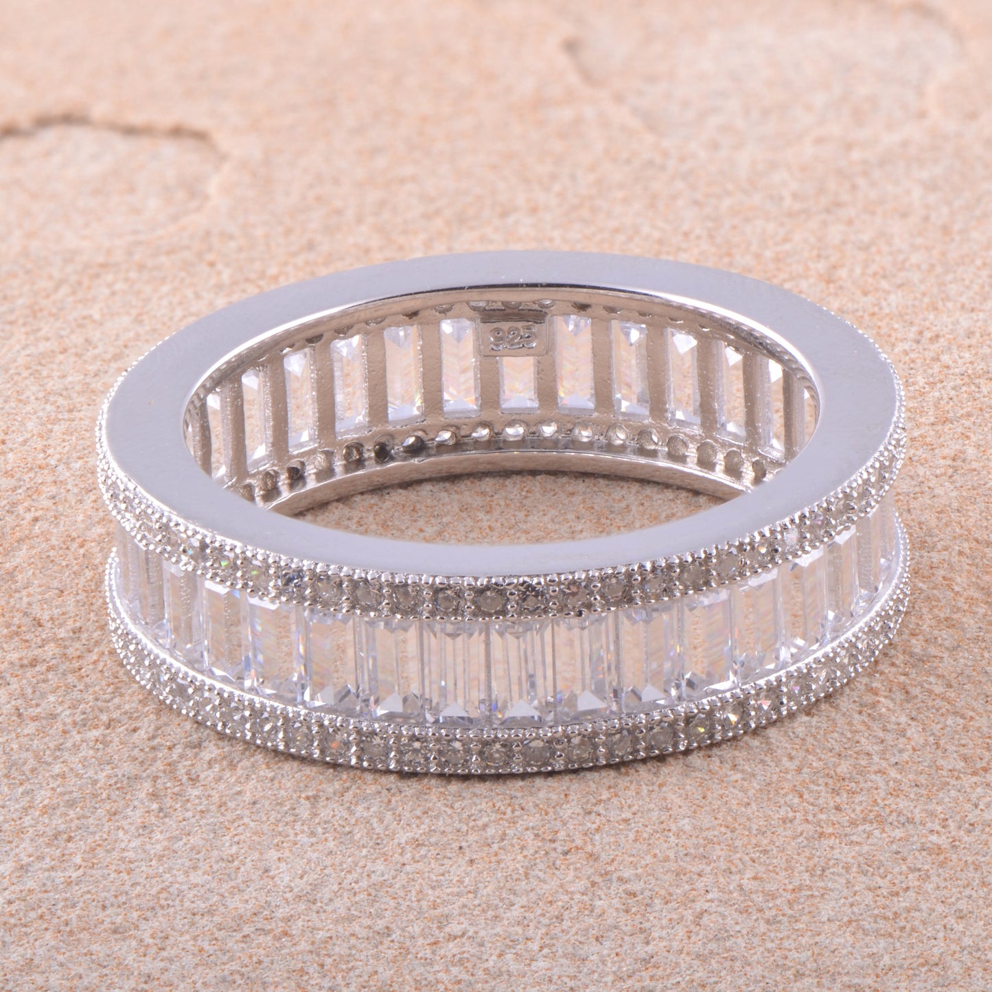 White Gold Over Sterling Silver Womens Wide Simulated Diamond Baguette Eternity Ring