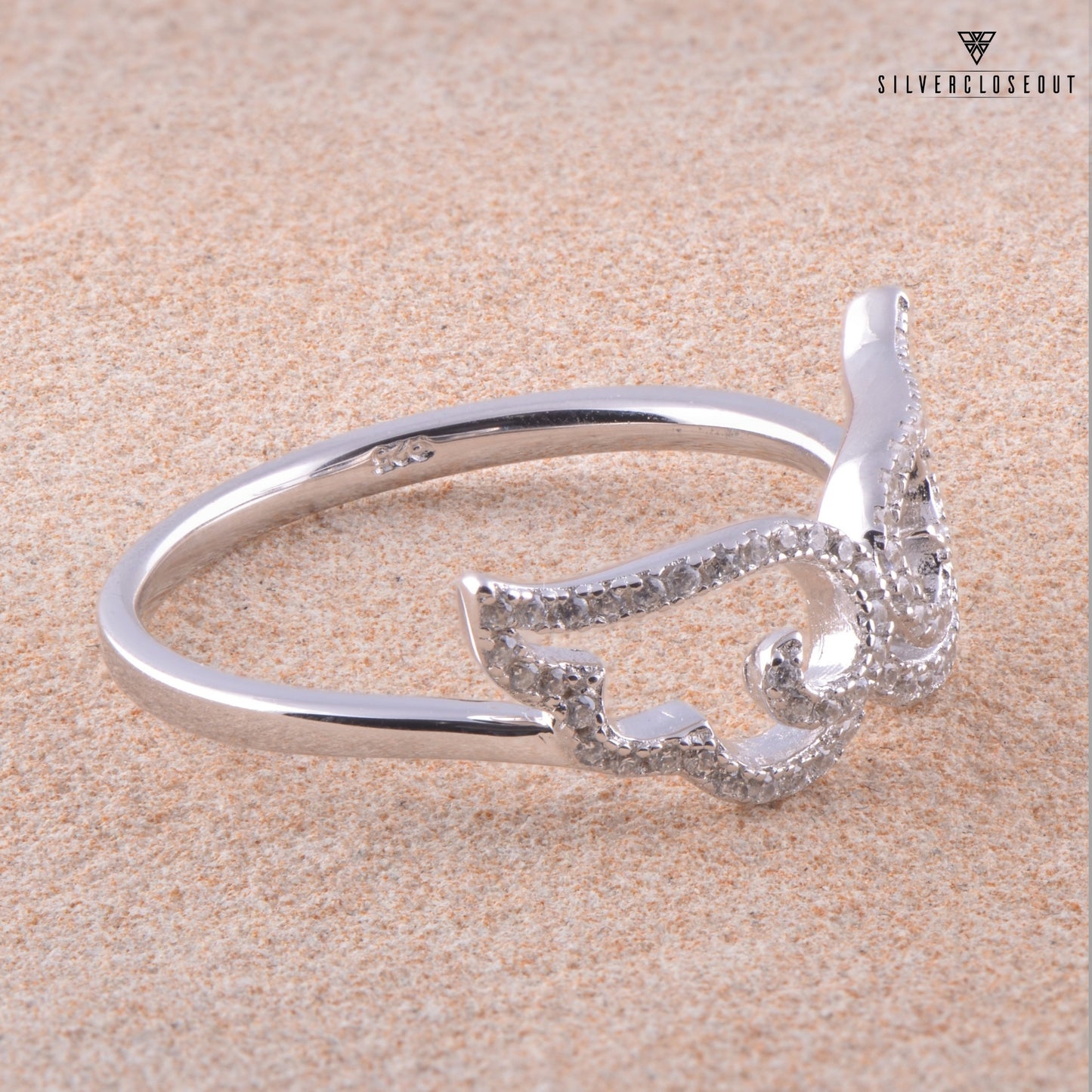 White Gold Over Sterling Silver Ladies Retro Cz Moustache Ring
