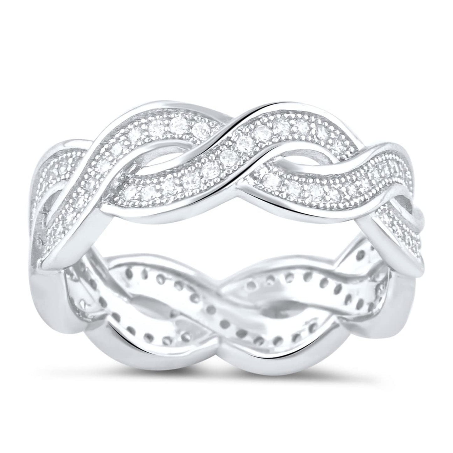 White Gold Over Sterling Silver Womens Wide Simulated Diamond Twisted Eternity Band Ring