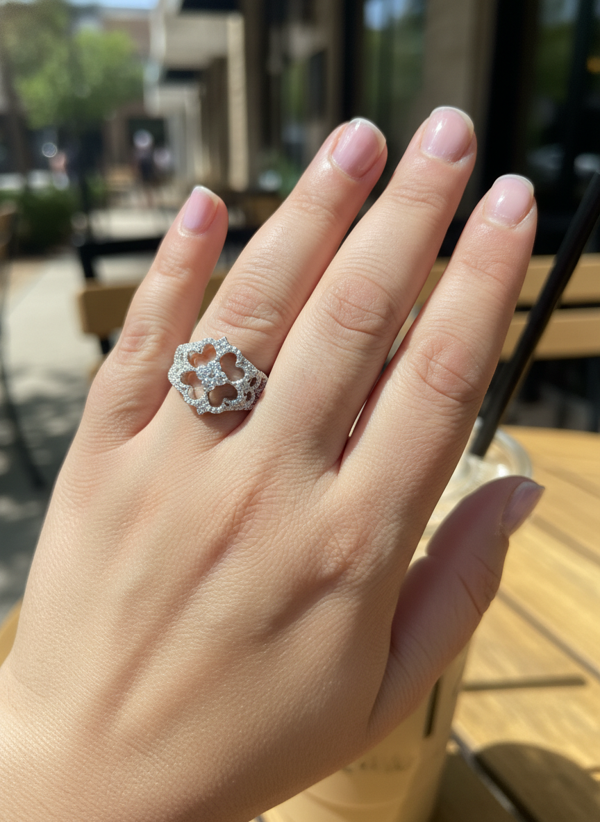 White Gold over Sterling Silver Ladies Retro CZ Heart Clover Ring