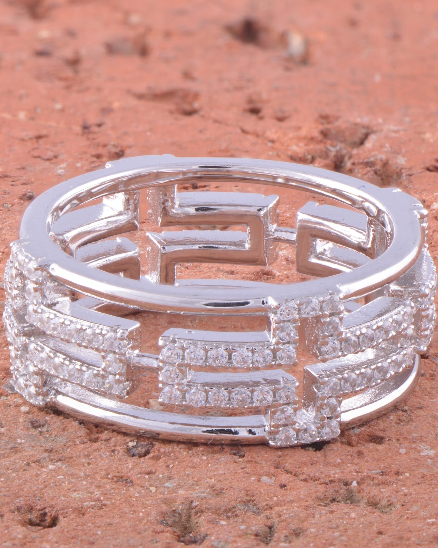 Ladies White Gold over Sterling Silver CZ Chunky Sideways Cross Eternity Ring