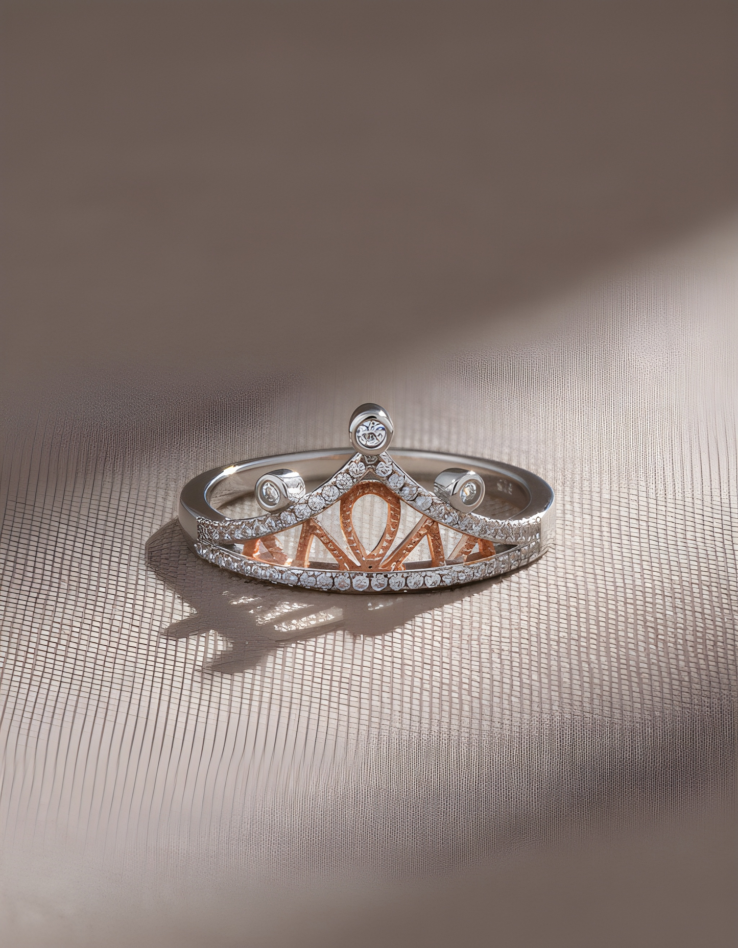 Two-Tone Crown Ring – Rhodium & Rose Gold Plated Sterling Silver with Simulated Moissanite (Sizes 4–9)