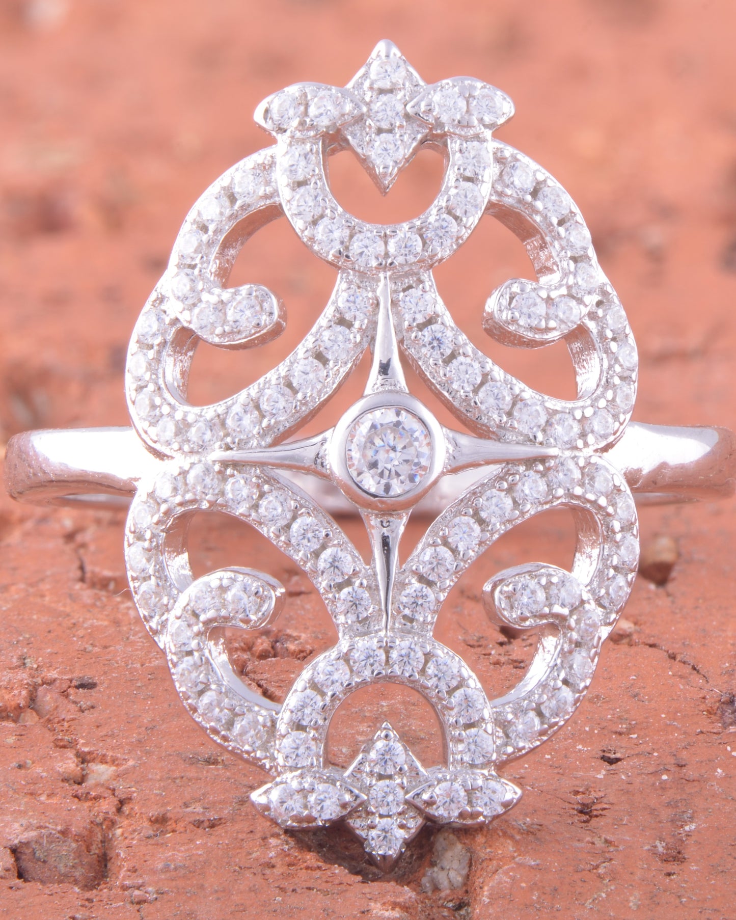 White Gold Over Sterling Silver Womens Cz Filigree Armour Shield Ring