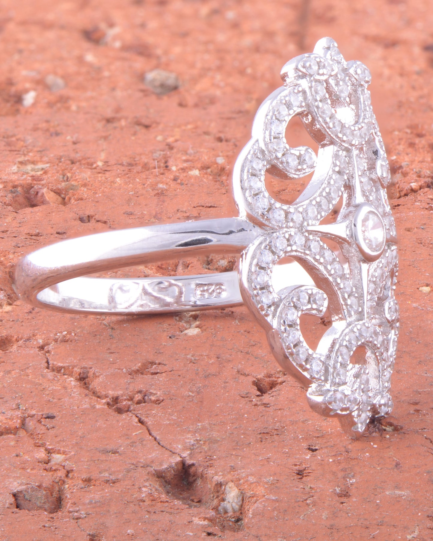 White Gold Over Sterling Silver Womens Cz Filigree Armour Shield Ring