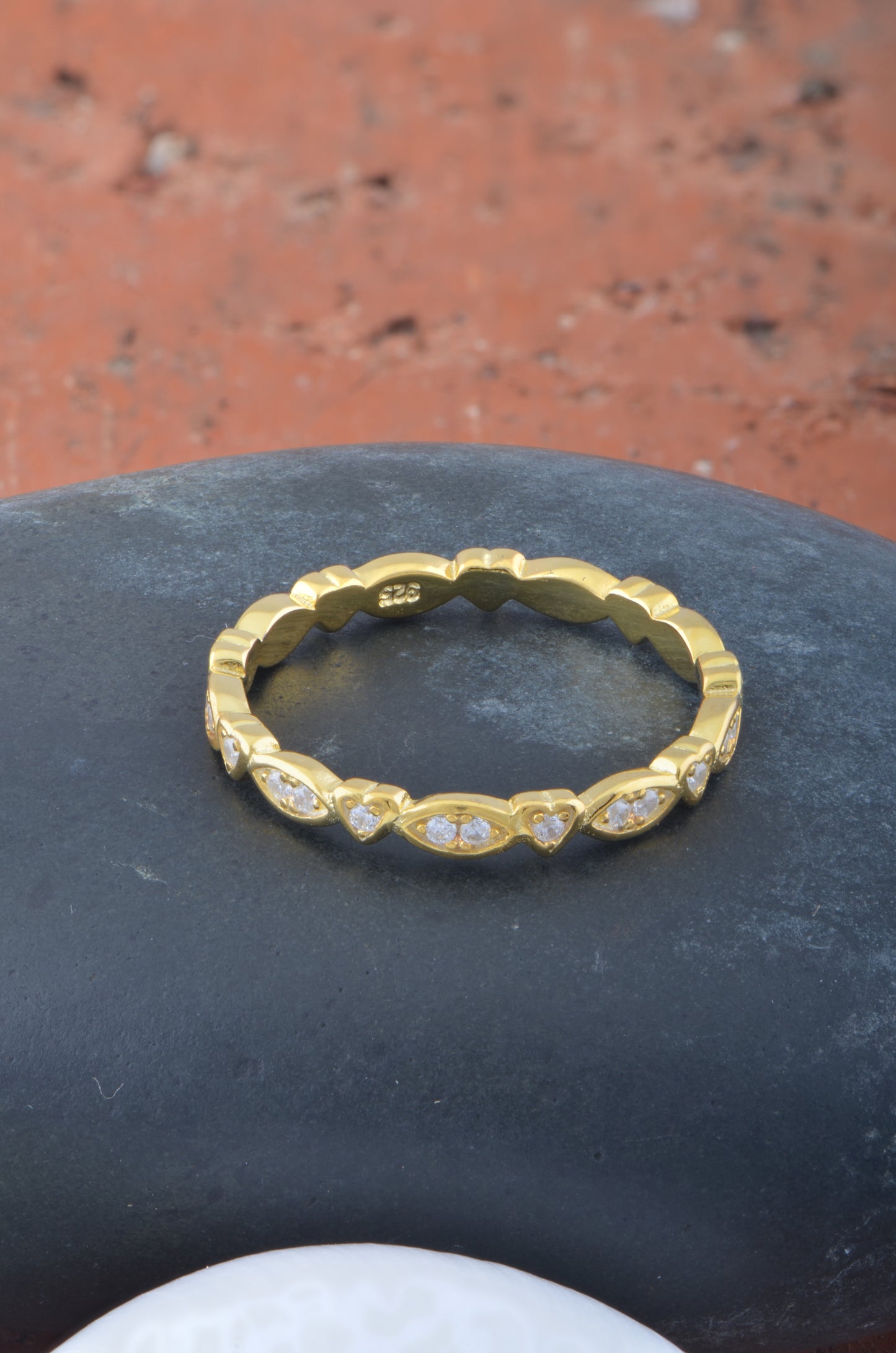 Yellow Gold Over Sterling Silver Womens Cz Heart Eternity Band Stacking Ring