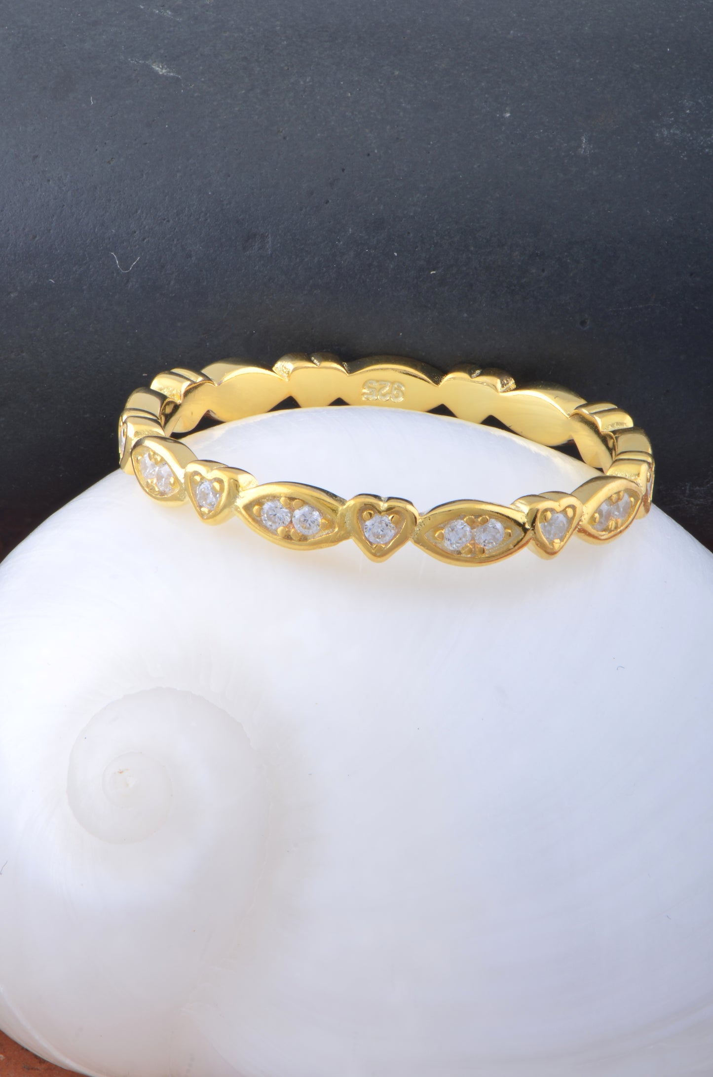Yellow Gold Over Sterling Silver Womens Cz Heart Eternity Band Stacking Ring
