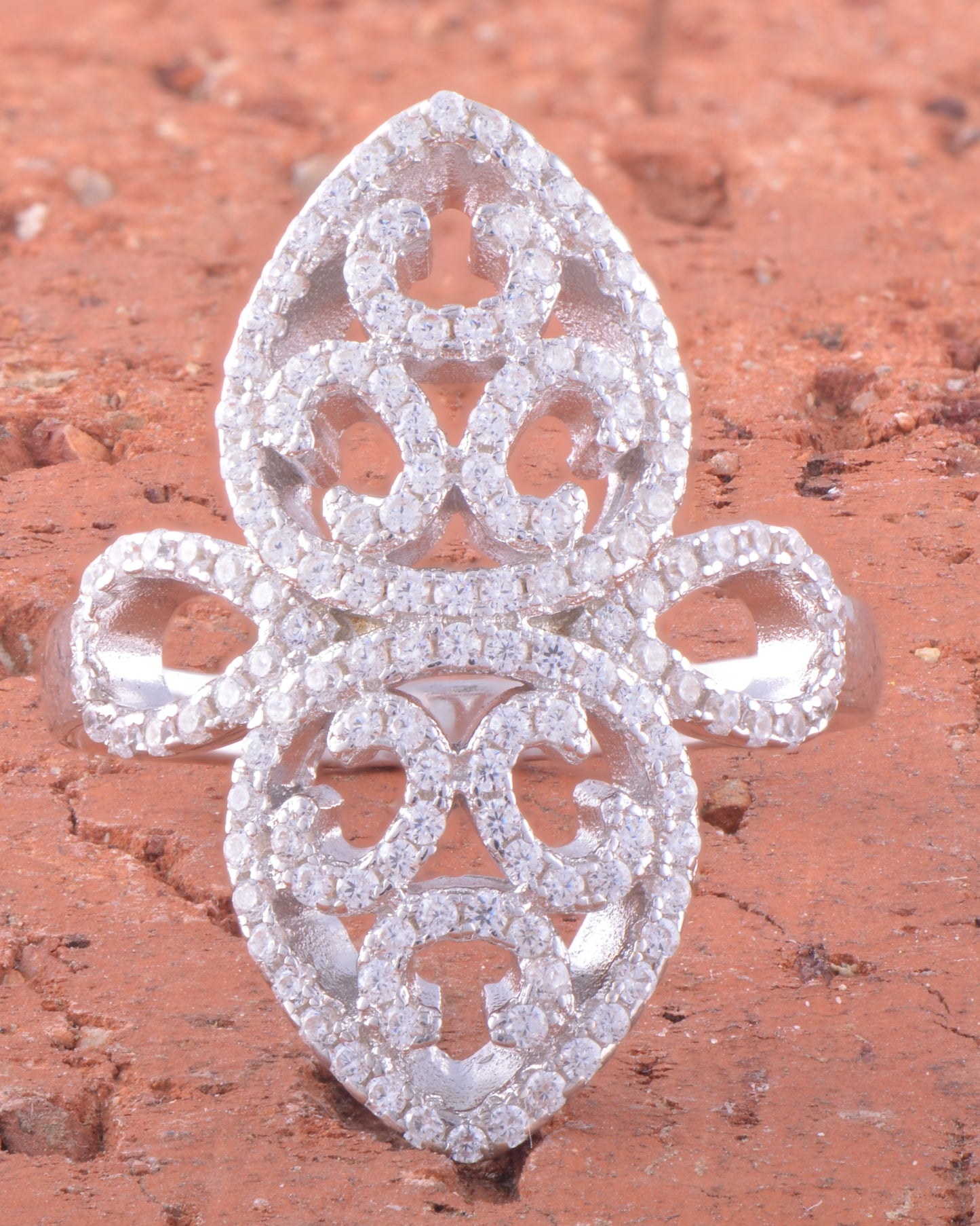 White Gold Over Sterling Silver Womens Chunky Filigree Fleur De Lis Cz Ring